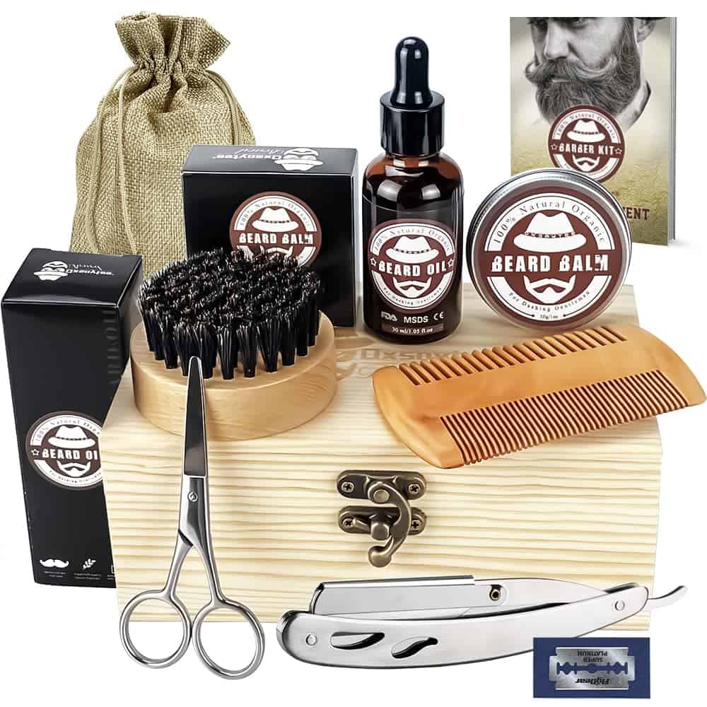 Beard Kit for Men Beard Care,Beard Grooming Kit,Beard Oil,Beard Wax,Beard Comb,Mustache Scissors,Beard Razor,Bag,Beard Trimming Kit Gifts for Men,Father,Dad,also for Home and Travel with Wooden Box