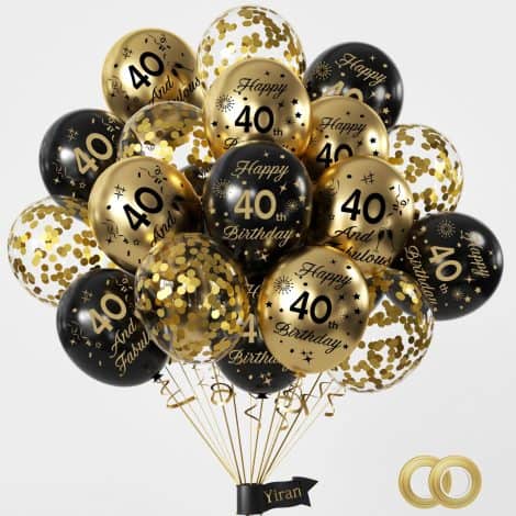 Black and gold balloons for a 40th birthday celebration, perfect for men and women.