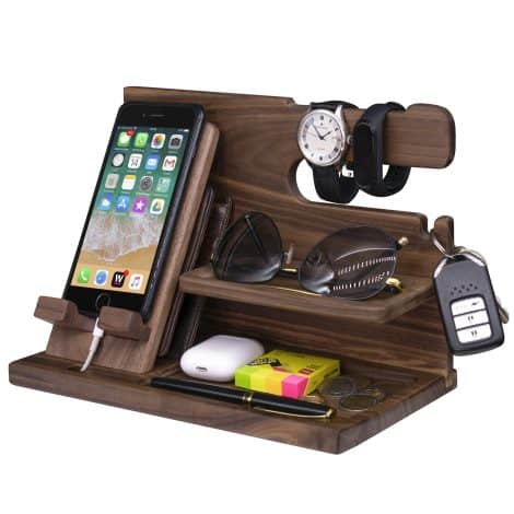 GlobeTrek Smart Wooden Phone Dock – Nightstand Caddy with Key, Wallet, and Watch Organizers -Ideal Gift for Men.