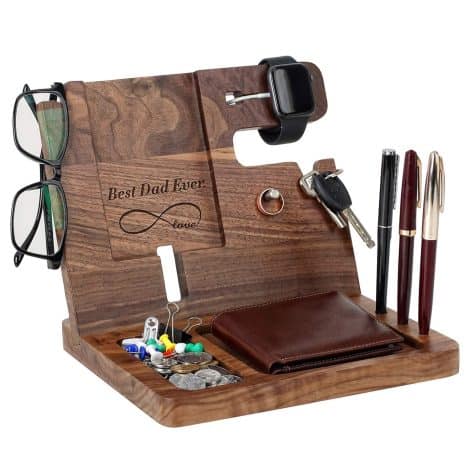 awofer Dad’s Gifts – Engraved Dark Wood Phone Dock – Nightstand with Key Holder, Wallet Stand, and Watch Organizer for Christmas, Birthday, and Father’s Day.