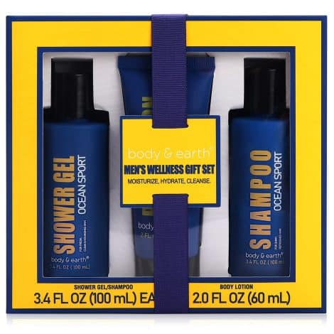 Ocean-scented spa gift set for men; includes shampoo, body lotion, and shower gel. Perfect for Valentine’s or birthday gifts.