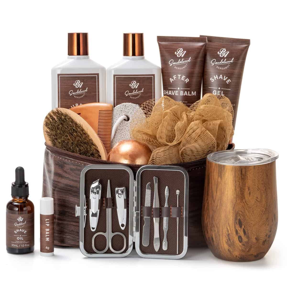 Bath Gift Set & Beard Kit with Cosmetic Bag, 21pcs Sandalwood Bergamot Home Spa Kit, Relaxing Men's Body Wash Gift Basket. Beard Grooming Kit, Beard Balm, Beard Oil, Wine Tumbler, Bubble Bath & More