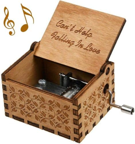 Wooden music box engraved with Can’t Help Falling in Love, perfect birthday gift for wife, girlfriend, or anniversary.