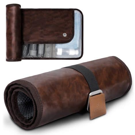 Stylish Men’s Travel Toiletry Bag in Fashionable Brown PU Leather, Water-Resistant Bathroom Roll Organizer for Hygiene and Shaving.