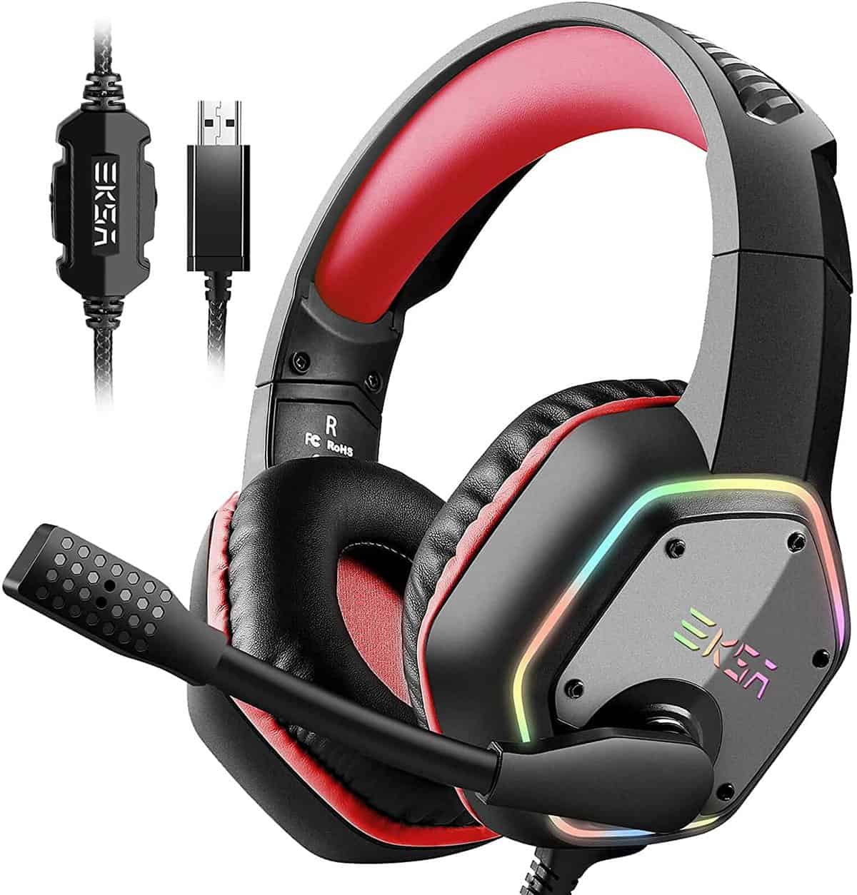 EKSA Gaming Headset PC Headset with 7.1 Surround Sound, Noise Canceling Over Ear USB Wired Headphones with Mic & RGB LED Light, Gaming Headphones Compatible with PS5, PS4, Mac, Laptop (E1000-Red)