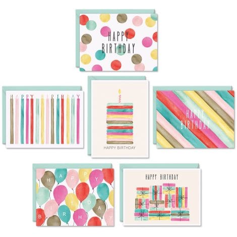 Boxed set of 48 watercolor birthday cards with envelopes, perfect for men, women, and kids.