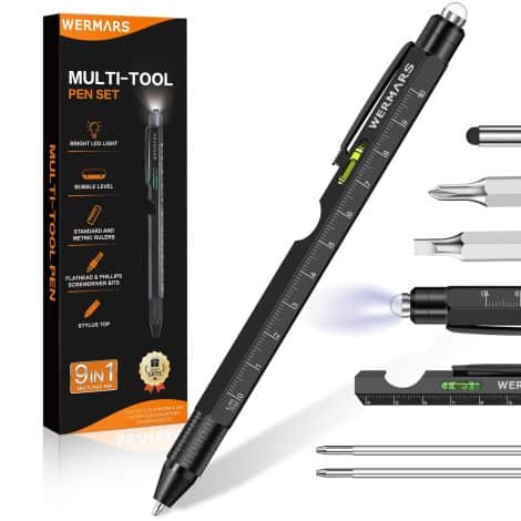 Black 9-in-1 Tool Pen – Ideal Christmas Gift for Men: Dads, Husbands, Boyfriends, and Grandpas.