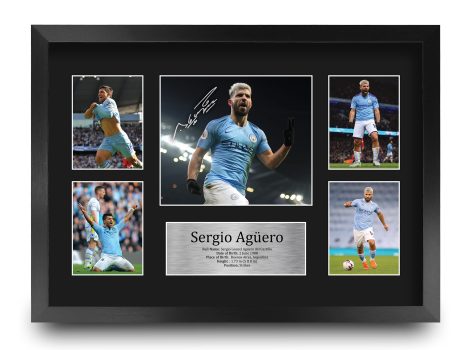 Framed HWC Trading Sergio Aguero Autograph Picture – Ideal Man City Gift for Football Fans.