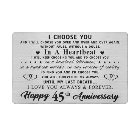 Engraved Metal Wallet Insert for Him, a special gift for your husband on your 45th wedding anniversary.