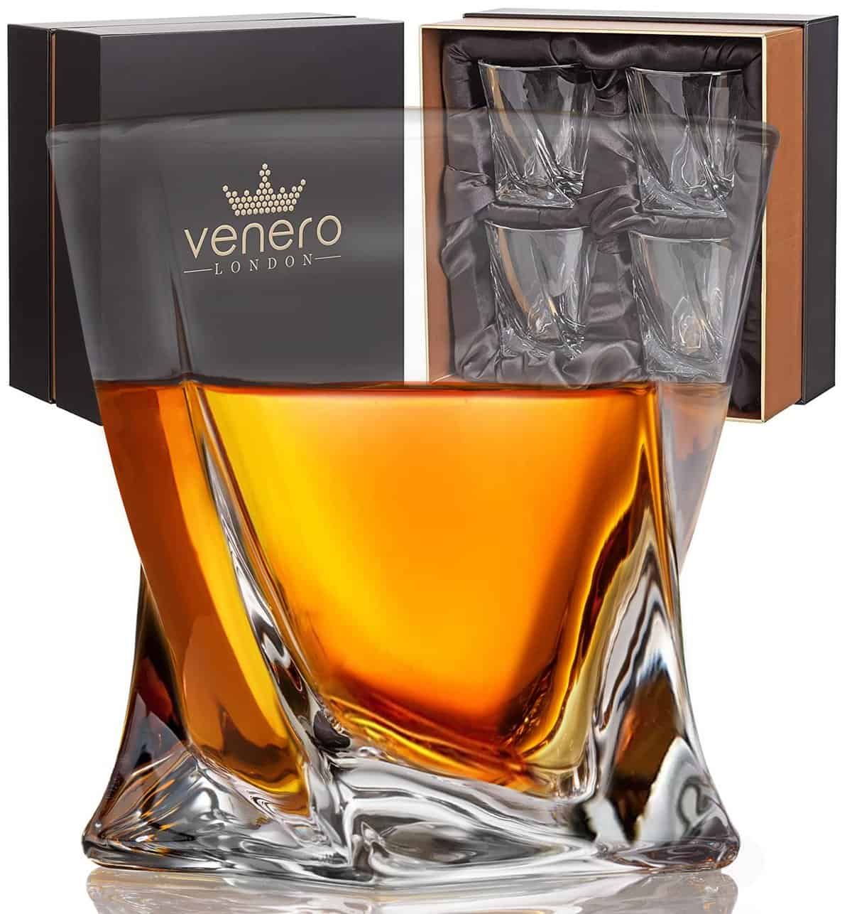 Venero Crystal Whiskey Glasses - Set of 4 Scotch Glasses, Tumblers for Drinking Bourbon, Cognac, Irish Whisky, Large 10oz Premium Lead-Free Crystal Glass Tasting Cups, Luxury Gift Box for Men or Women