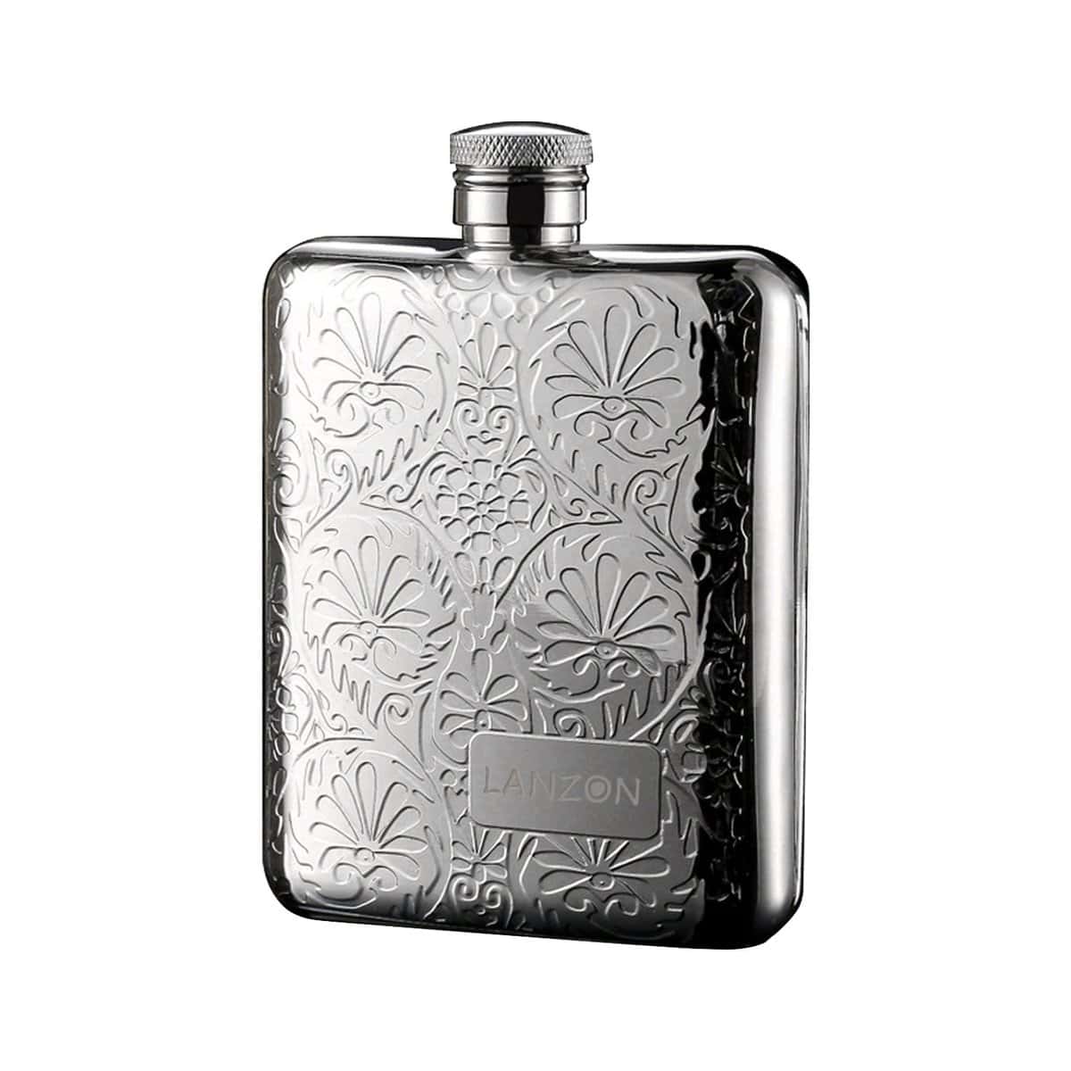 LANZON Hip Flask with Funnel, All 18/8 304 Food Grade Stainless Steel Curved Pocket Flask for Liquor | 6 OZ Capacity | Gift Boxed (Flower Pattern)