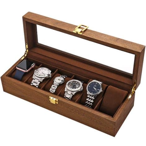 Lestar Watch Box: Premium Wooden Display Case with Glass Top, Organize 6 Watches and Jewelry.