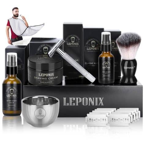 Men’s Grooming Set: Safety Razor, Sandalwood Shaving Cream, Aftershave, Pre Shave Oil, Brush and Bowl, and Apron-Bib. Perfect Gifts!