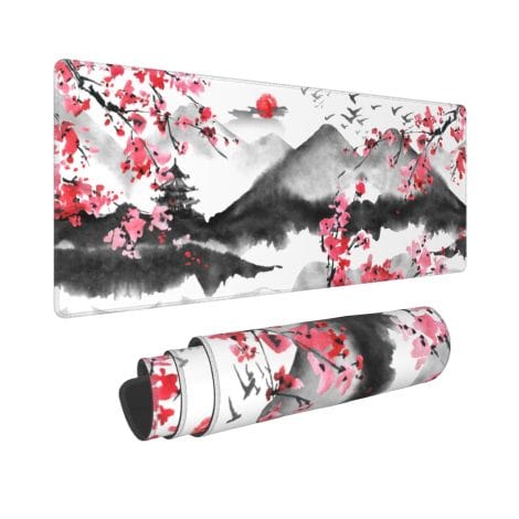 Extra large Japanese Cherry Blossom Gaming Mouse Pad with non-slip base and stitched edges. Perfect for home office.