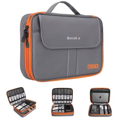 Large Capacity Electronic Accessories Organizer Bag with 2 Front Pockets. Perfect for iPad, iPhone, Cables, Power Bank, and Tablet. Grey color.