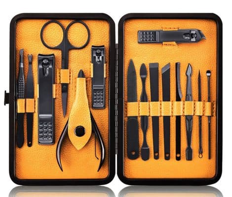 Professional Stainless Steel Nail Grooming Kit with Travel Case – 15pcs Nail Clipper Set (Black/Yellow).