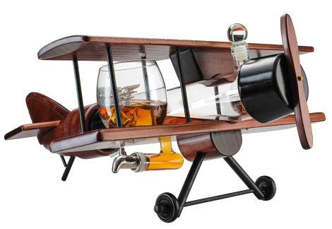 The Wine Savant Whiskey Gift Set with 2 Airplane Glasses – Vintage Wood Airplane Decanter and Glasses.