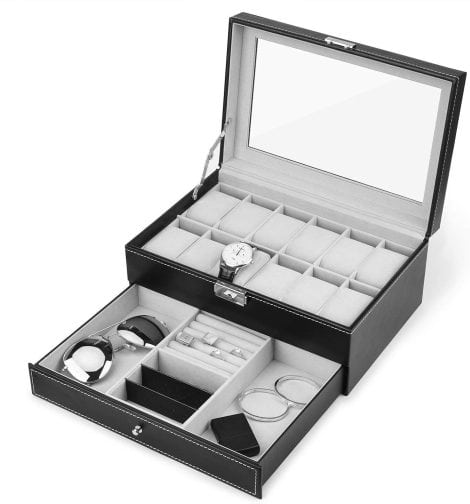 Black Double Layer Jewelry Storage Box with Drawer – Perfect for organizing and displaying your watch and jewelry collection.