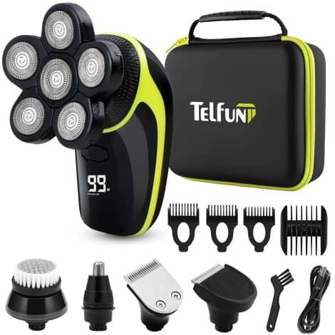 Telfun Bald Head Shaver: All-in-one electric razor with nose & sideburn trimmers; waterproof, LED display, travel-friendly.