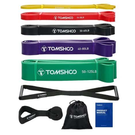 TOMSHOO 5-Pack Pull Up Bands Set: Resistance loop bands for powerlifting, stretching, and exercises with door anchor and handles.