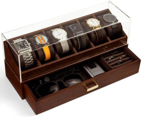 KAMIER Wood Watch Storage Box, Two-Tier Organizer with Watch Holder and Drawer, Walnut Finish.