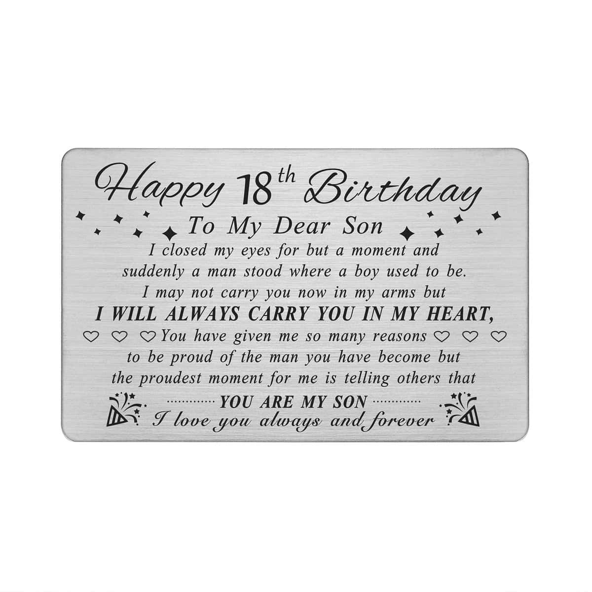 DEGASKEN Happy 18th Birthday Cards Gifts for Son, Son 18 Year Old Bday Card, Personalized Steel Engraved Wallet Card