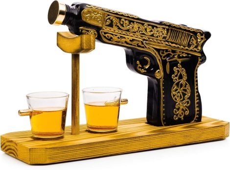 The Wine Savant presents an American-themed, hand-painted pistol decanter with bullet shot glasses. Perfect for military, veterans, law enforcement, and home bars.