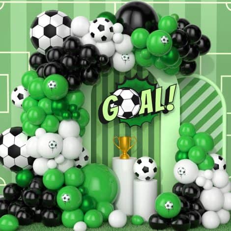 Soccer Party Arch Kit: 134Pcs of Green and Black Balloons with Metallic Soccer Theme Decoration.