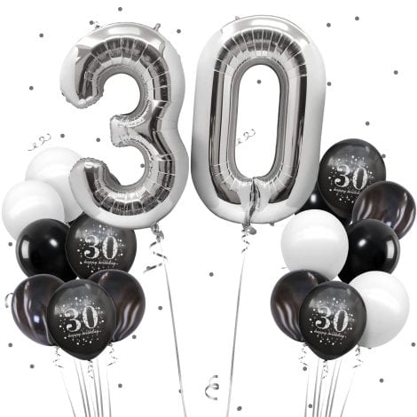 Celebrate turning 30 with stylish décor: Black and silver balloons, white and black agate design. Perfect for men.