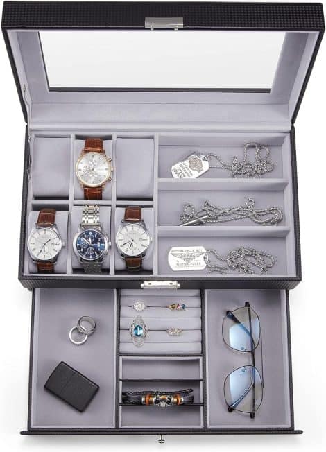 Black Watch Box with Real Glass Lid, 12 Slot Case for Men and Women’s Watches.