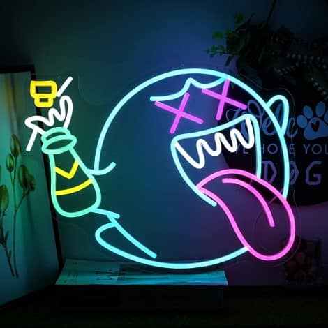 Retro Arcade Ghost Neon Light – Dimmable King Boo Sign. Perfect Man Cave, Party, or Christmas Gift.