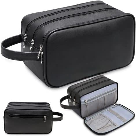 Large Black Leather Travel Toiletry Bag for Men and Women, by EDODAY.