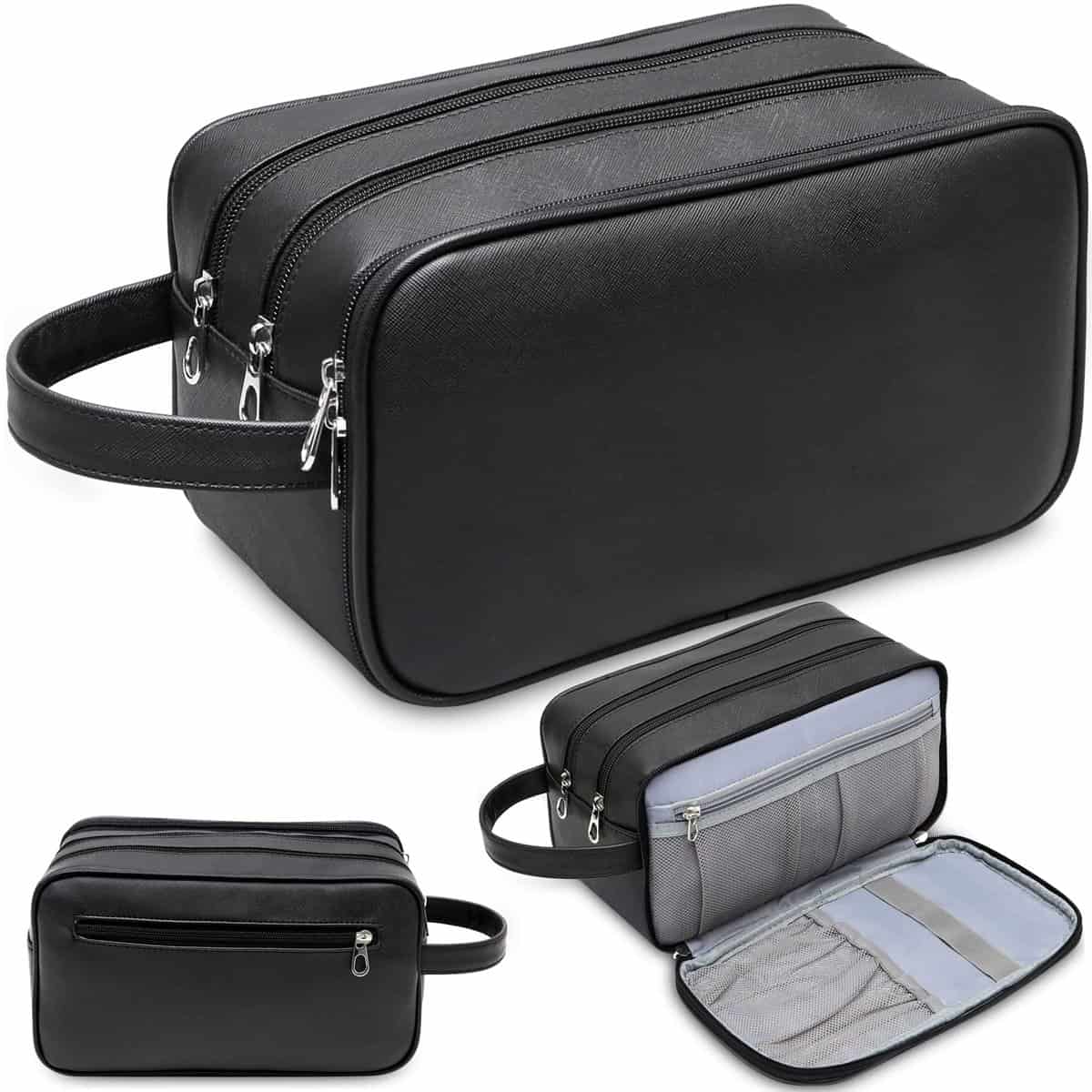 EDODAY Leather Hanging Travel Toiletry Bag for Women Men, Black, Large