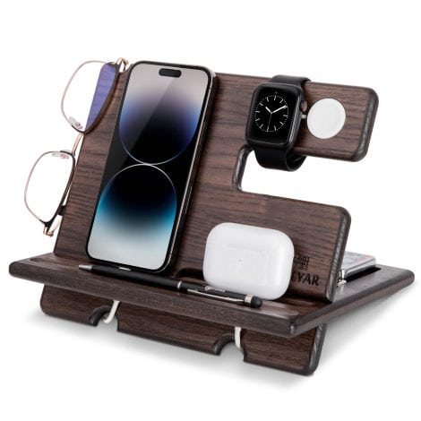 TESLYAR Wooden Phone Dock, Ash Wood Key Wallet Stand Watch Organizer for Men, Husband, Dad. Ideal Graduation or Birthday Gift compatible with iPhone, iWatch, AirPods.