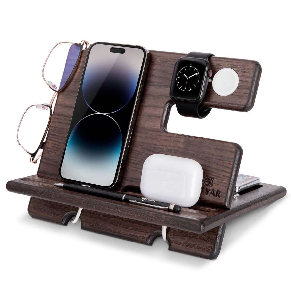 TESLYAR Wood Phone Docking Station Ash Key Holder Wallet Stand Watch Organizer Men Husband Wife Anniversary Dad Birthday Father Graduation Gadgets Compatible with iPhone iWatch AirPods…