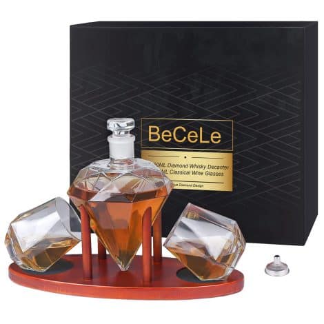 Gift set includes a 850ml whisky decanter, 2 glasses, wooden tray stand. Perfect for Father’s Day.