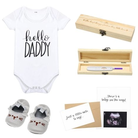 Surprise Pregnancy Box: Dad, a thoughtful keepsake with a pregnancy test, baby clothes, shoes, and more! Perfect gift for him.