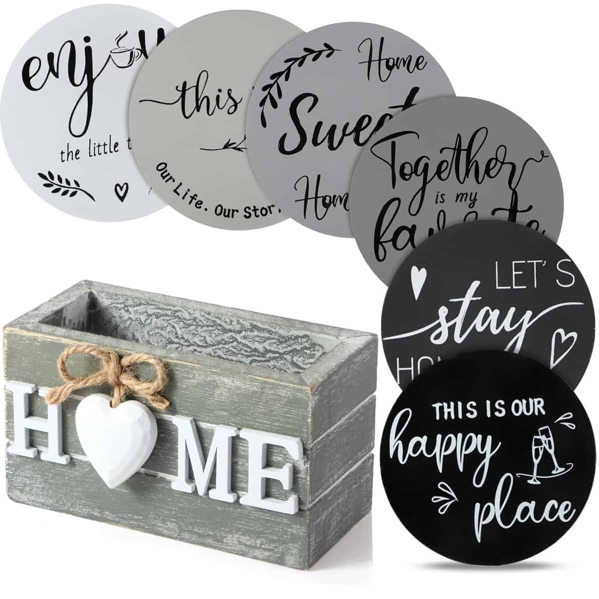 Housewarming Gifts for Home Decoration Wooden Heart Coasters for Drinks Set of 6 Farmhouse Coasters with Holder Funny for Family Friend Coffee Table Protection, 4 Inch (Gray, Assorted Colors)