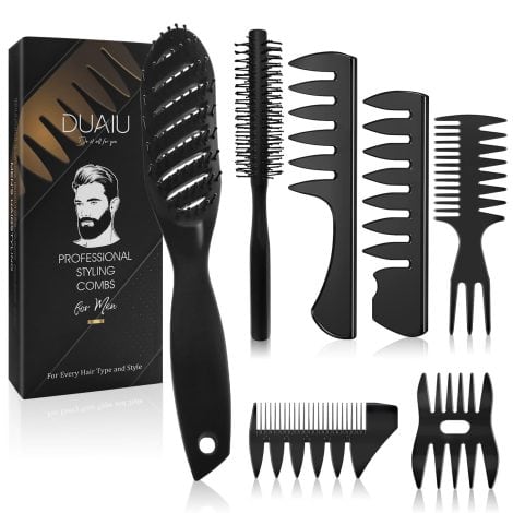 Men’s Hair Styling Kit with 7pcs of DUAIU Hair Brushes and Combs for various hairstyles and needs.