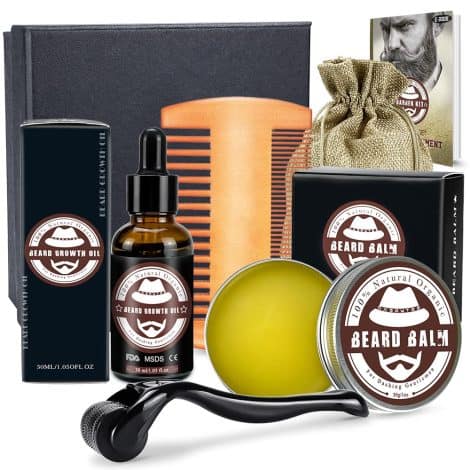 Complete Beard Growth Set for Men, including Beard & Mustache Growth Roller, Beard Oil, Balm, Comb, and Bag. Perfect Dad’s gift! Get a Free E-book!