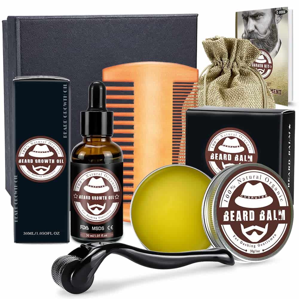 Beard Growth Kit for Men, Beard & Mustache Facial Hair Growth Roller Kit, Beard Growth Oil, Beard Balm, Beard Roller, Beard Comb,Storage Bag, Birthday Gifts for Fathers Dad Men with Free E-Book