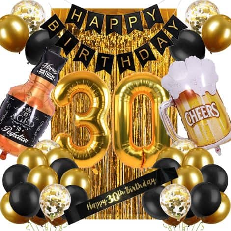 Celebrate turning 30 with stylish black and gold decorations for a memorable birthday party.