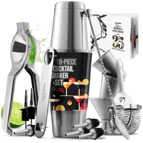 JoyTable Bartender Kit – 16-piece Bar Set Tools for making delicious cocktails with a lemon squeezer and recipe book.