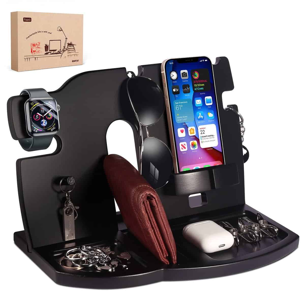 Foonii Gifts for Men Phone Docking Station for Nightstand Personalized, Wood Black Organizer Use in Office or Desk, for Men, Husband - Christmas Anniversary Birthday Gift