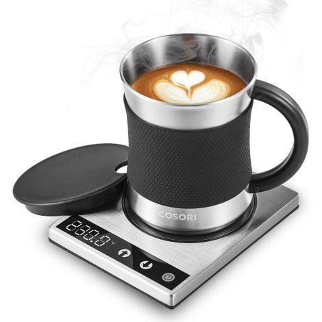 COSORI Coffee Mug Warmer & Mug Set keeps drinks warm on your desk, perfect for office & holiday presents. Temperature control and stylish stainless steel design.