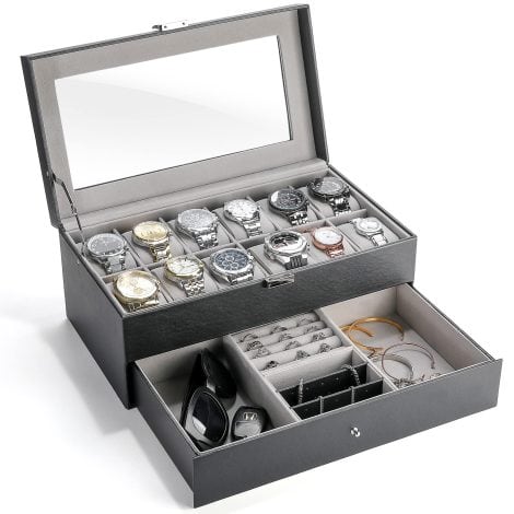 Black Personalized Men’s Watch Box with Drawer, for Cufflinks, Sunglasses, Rings, Necklaces, and Jewelry.