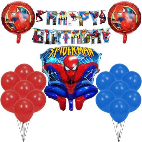 Superhero-themed party supplies with Spiderman and Superman decorations, balloons, banner, and Fortnite Avengers-inspired birthday decor.