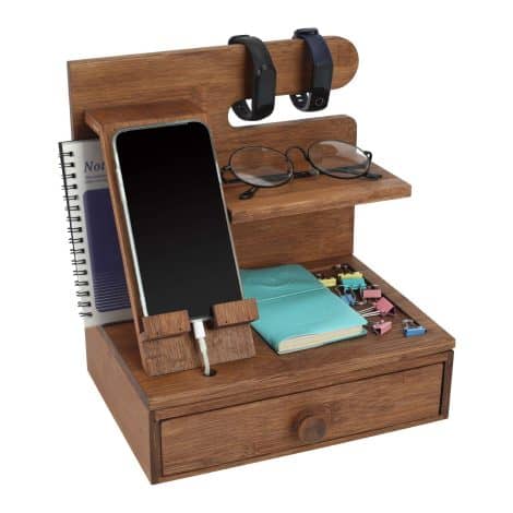 TQVAI Desktop Phone Stand with Drawer – Perfect Organizer for Home or Office, Retro Brown.