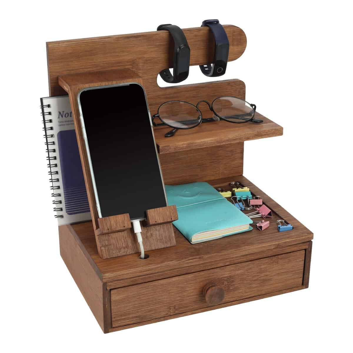 TQVAI Bamboo Desktop Phone Docking Station with Drawer Home & Office Wallet Stand Gl Holder Watch Organizer for Men, Husband, Daddy Gift, Retro Brown