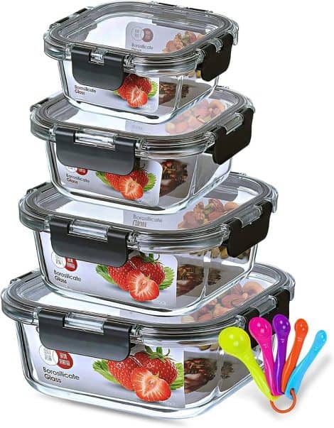 White Rivere™ Meal Prep Glass Containers – Stackable, Airtight Storage Set with Lids. Includes Measuring Spoon – Freezer, Microwave, Dishwasher Safe.